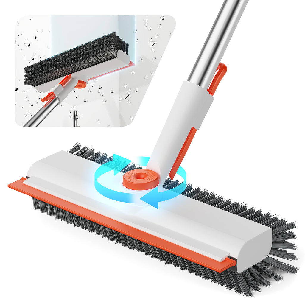 HelpX Floor Scrub Brush with Long Handle, 3 in 1 Scrape and Heavy-Duty Stiff Bristle Floor Scrubber Brush with Squeegee and Tweezer for Cleaning Tile Wall Deck (Orange and White)