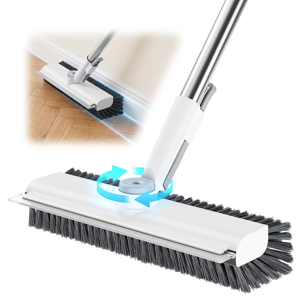 HelpX Floor Scrub Brush with Long Handle, 3 in 1 Scrape and Heavy-Duty Stiff Bristle Floor Scrubber Brush with Squeegee and Tweezer for Cleaning Tile Wall Deck Bathroom Patio Garage Kitchen (White)