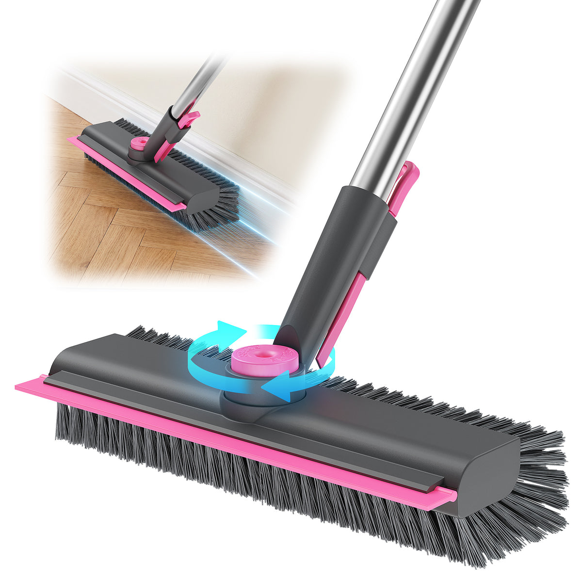 HelpX Floor Scrub Brush with Long Handle, 3 in 1 Multi-angle Swivel Right Angled Bristle Floor Scrubber Brush with Squeegee and Tweezer for Tile Wall Deck Bathroom Patio Garage Kitchen (Pink and Grey)