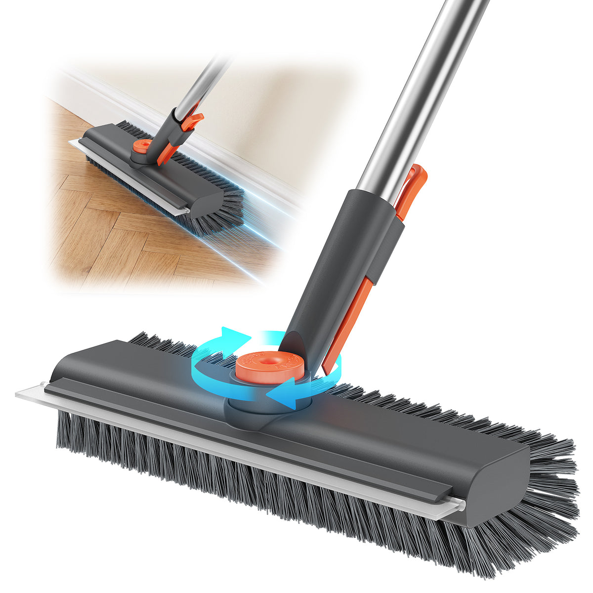 Floor Scrub Brush with Long Handle, 3 in 1 Multi-angle Swivel Right Angled Bristle Floor Scrubber Brush with Squeegee and Tweezer for Cleaning Tile Wall Deck Bathroom Patio Garage Kitchen (Grey)