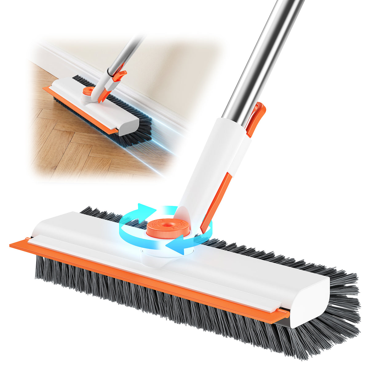 HelpX Floor Scrub Brush with Long Handle, 3 in 1 Scrape and Heavy-Duty Stiff Bristle Floor Scrubber Brush with Squeegee and Tweezer for Cleaning Tile Wall Deck (Orange and White)