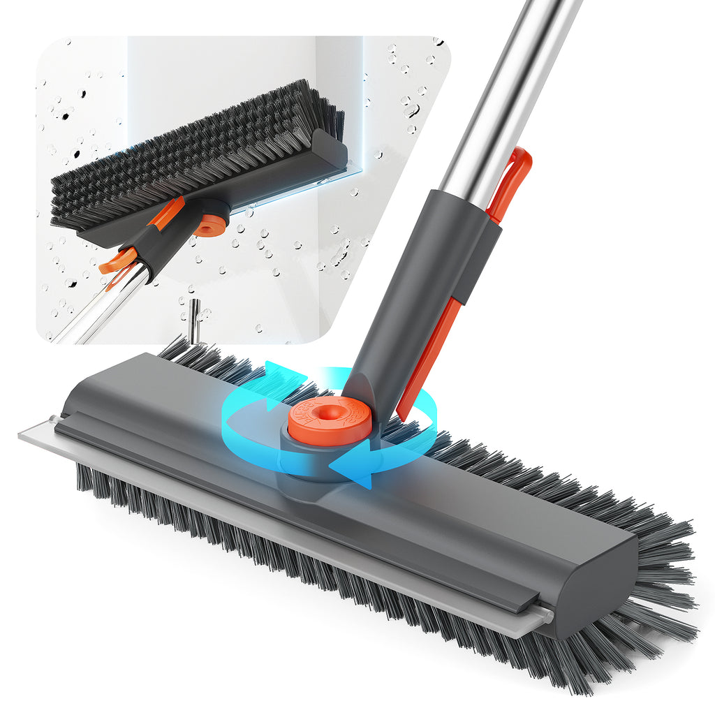 Floor Scrub Brush with Long Handle, 3 in 1 Multi-angle Swivel Right Angled Bristle Floor Scrubber Brush with Squeegee and Tweezer for Cleaning Tile Wall Deck Bathroom Patio Garage Kitchen (Grey)