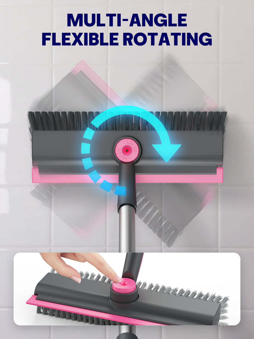 HelpX Floor Scrub Brush with Long Handle, 3 in 1 Multi-angle Swivel Right Angled Bristle Floor Scrubber Brush with Squeegee and Tweezer for Tile Wall Deck Bathroom Patio Garage Kitchen (Pink and Grey)