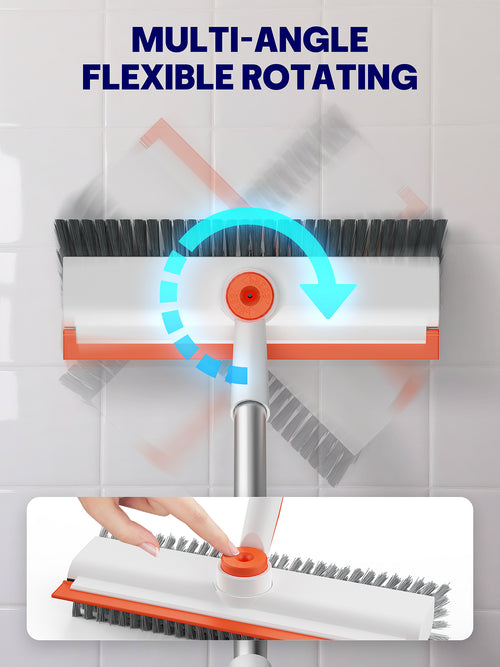 HelpX Floor Scrub Brush with Long Handle, 3 in 1 Scrape and Heavy-Duty Stiff Bristle Floor Scrubber Brush with Squeegee and Tweezer for Cleaning Tile Wall Deck (Orange and White)