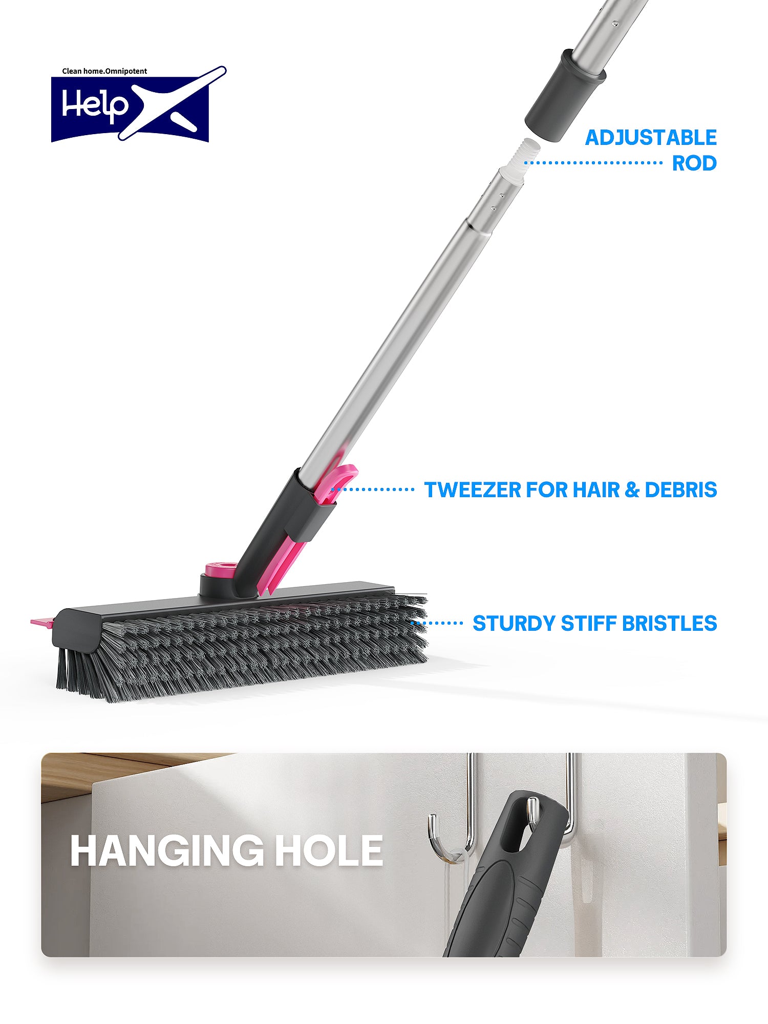 HelpX Floor Scrub Brush with Long Handle, 3 in 1 Multi-angle Swivel Right Angled Bristle Floor Scrubber Brush with Squeegee and Tweezer for Tile Wall Deck Bathroom Patio Garage Kitchen (Pink and Grey)