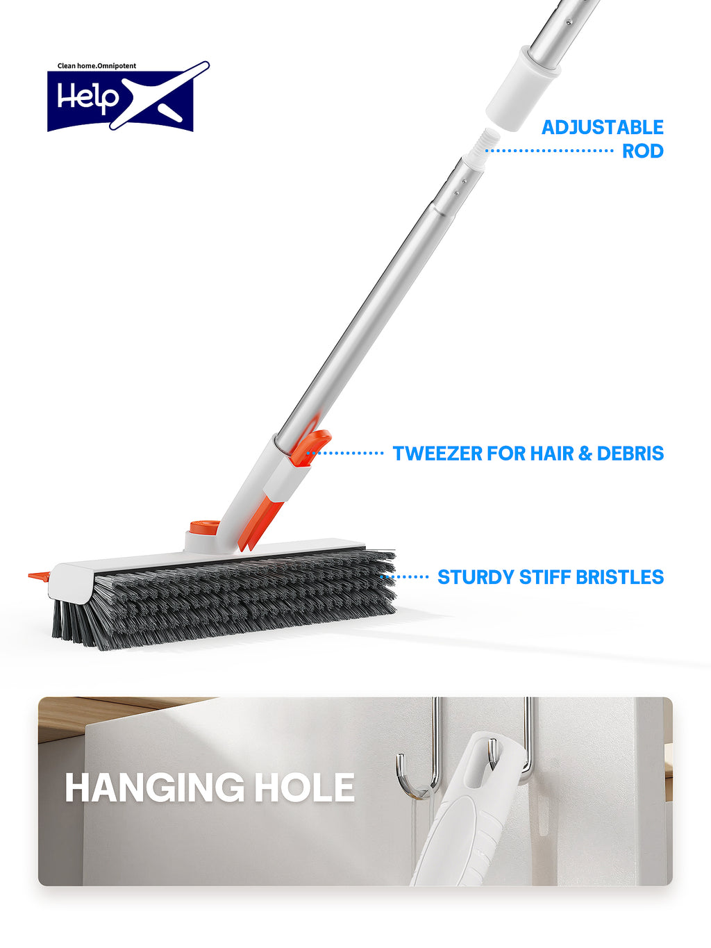 Floor Scrub Brush with Long Handle, 3 in 1 Multi-angle Swivel Right Angled Bristle Floor Scrubber Brush with Squeegee and Tweezer for Cleaning Tile Wall Deck Bathroom Patio Garage Kitchen (Grey)