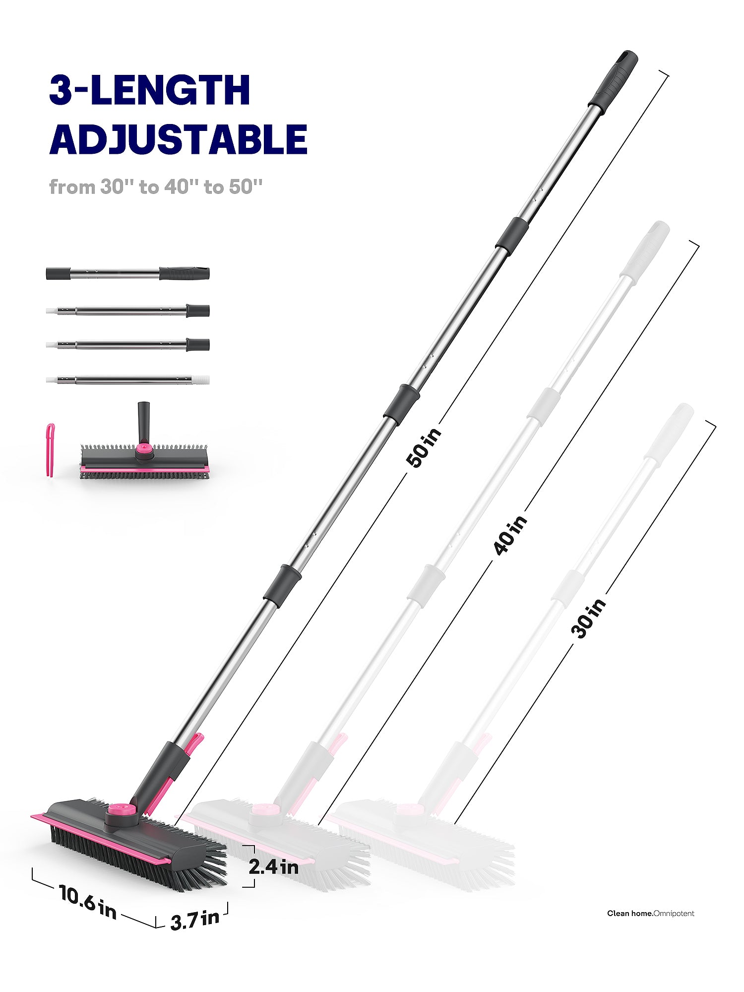 HelpX Floor Scrub Brush with Long Handle, 3 in 1 Multi-angle Swivel Right Angled Bristle Floor Scrubber Brush with Squeegee and Tweezer for Tile Wall Deck Bathroom Patio Garage Kitchen (Pink and Grey)