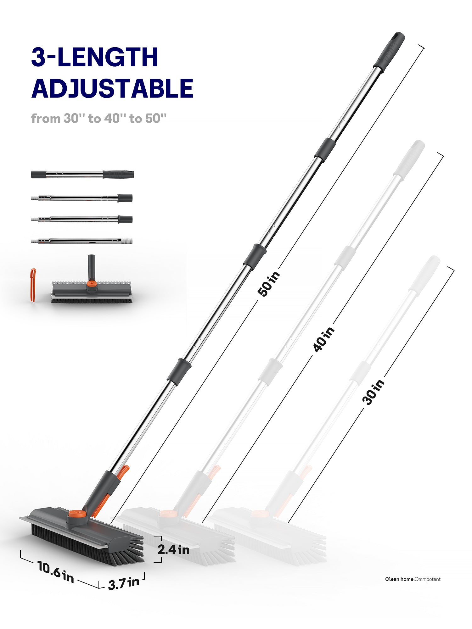Floor Scrub Brush with Long Handle, 3 in 1 Multi-angle Swivel Right Angled Bristle Floor Scrubber Brush with Squeegee and Tweezer for Cleaning Tile Wall Deck Bathroom Patio Garage Kitchen (Grey)