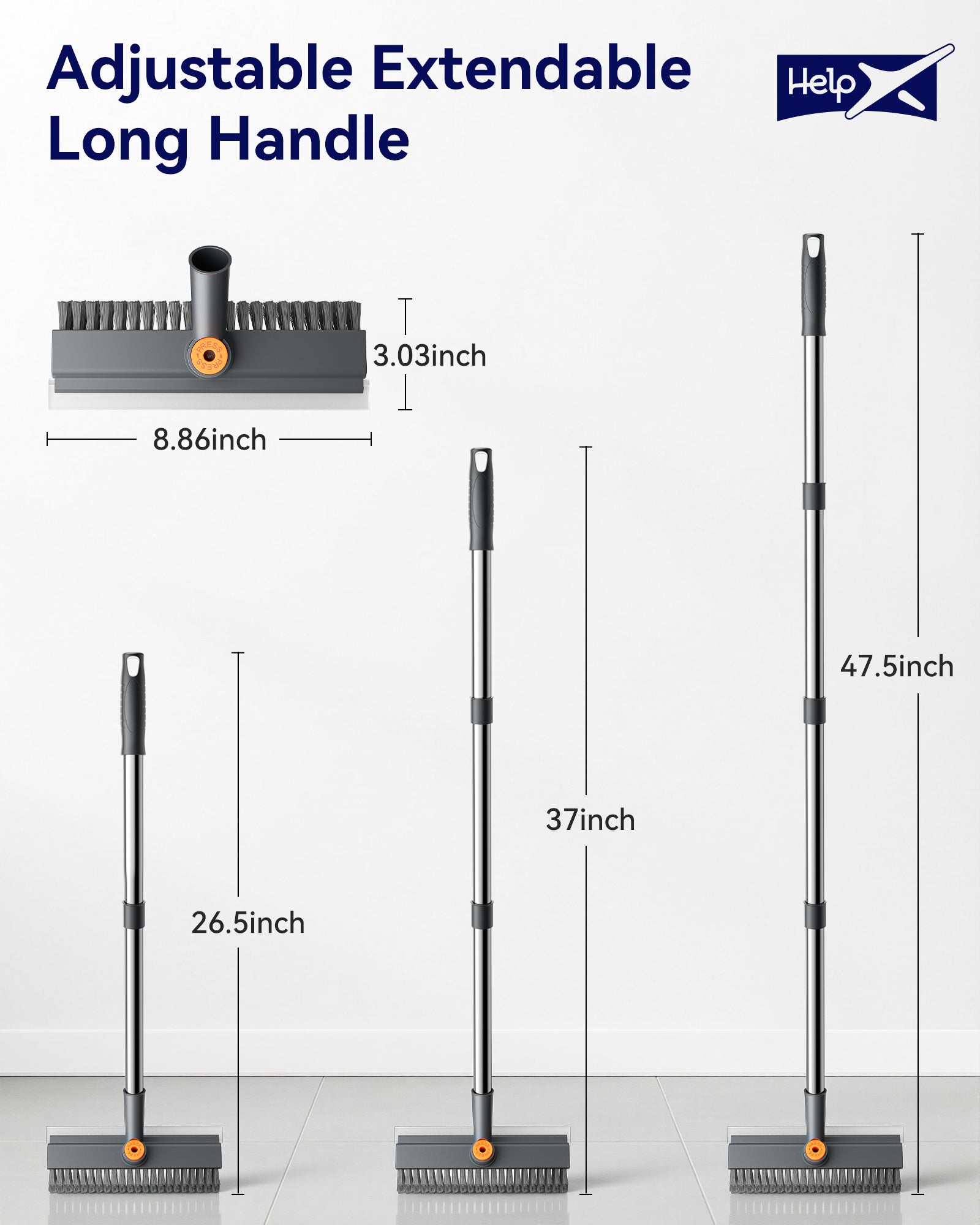 HelpX Small Floor Scrub Brush with Length Adjustable Long Handle, 3 in 1 Heavy-Duty Stiff Bristle Scrubber Brush with Squeegee and Tweezer Push Broom for Cleaning Bathroom, Patio, Garage and Kitchen