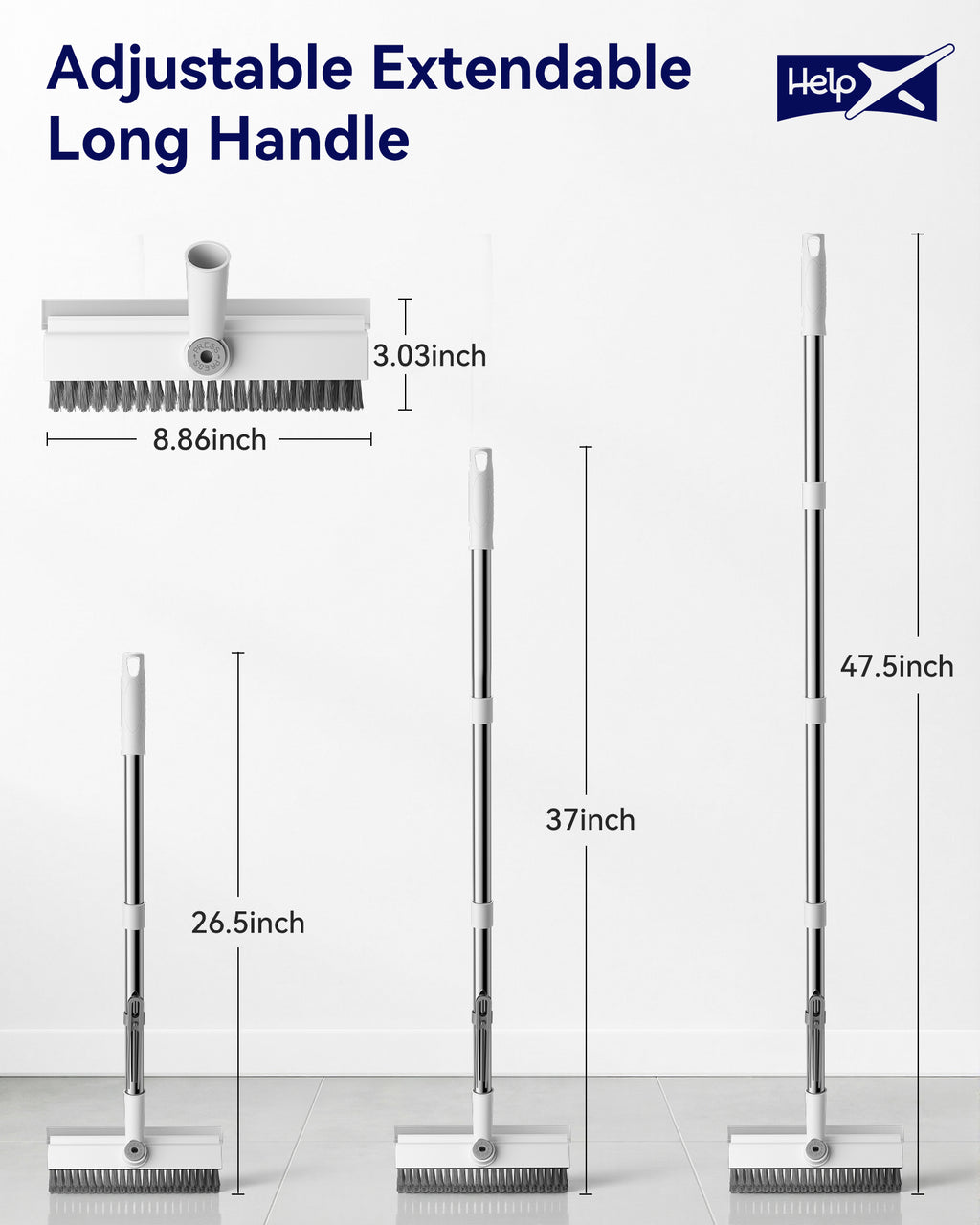 HelpX Small Floor Scrub Brush with Length Adjustable Long Handle, 3 in 1 Heavy-Duty Stiff Bristle Scrubber Brush with Squeegee and Tweezer Push Broom for Cleaning Bathroom, Patio, Garage and Kitchen