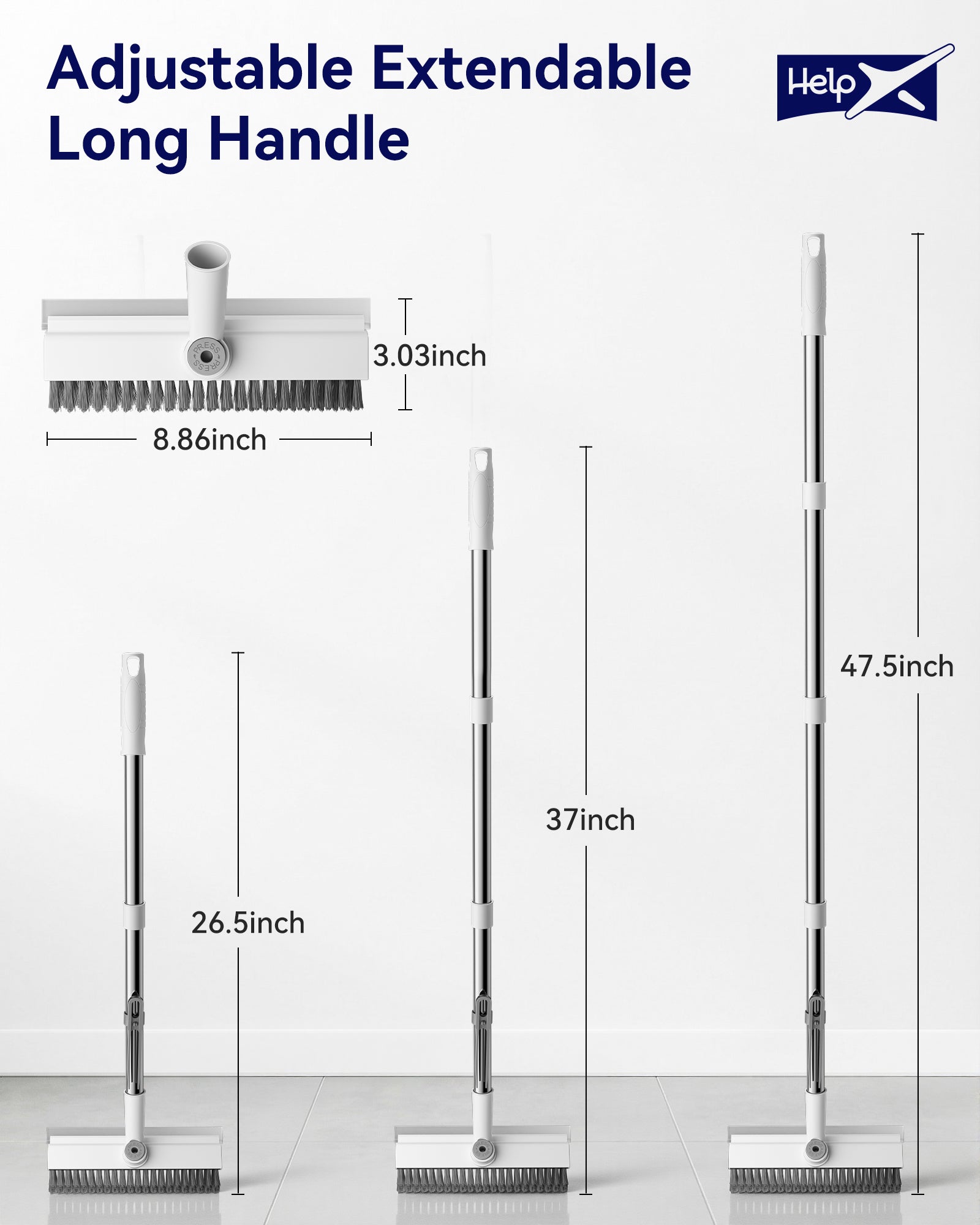 HelpX Small Floor Scrub Brush with Length Adjustable Long Handle, 3 in 1 Heavy-Duty Stiff Bristle Scrubber Brush with Squeegee and Tweezer Push Broom for Cleaning Bathroom, Patio, Garage and Kitchen