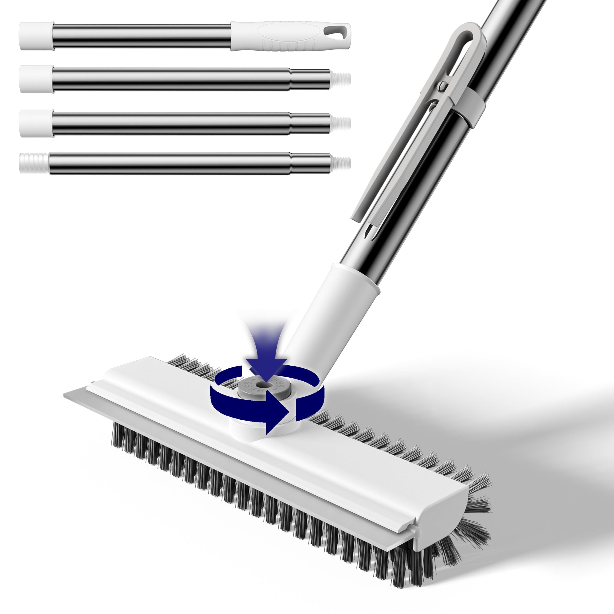 HelpX Small Floor Scrub Brush with Length Adjustable Long Handle, 3 in 1 Heavy-Duty Stiff Bristle Scrubber Brush with Squeegee and Tweezer Push Broom for Cleaning Bathroom, Patio, Garage and Kitchen