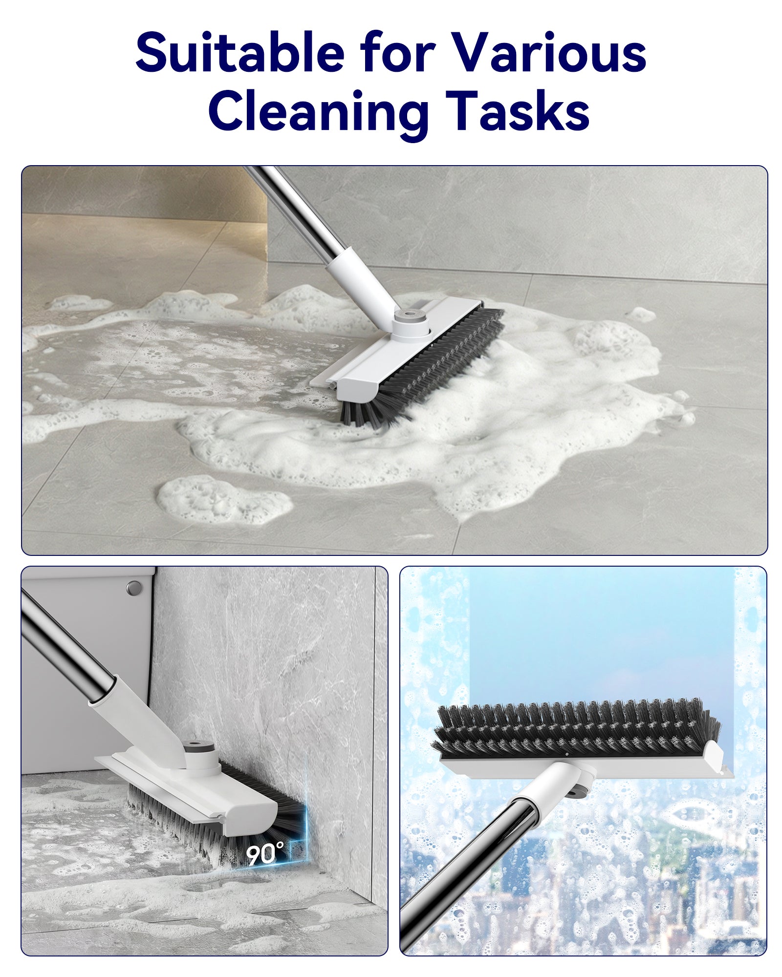 HelpX Small Floor Scrub Brush with Length Adjustable Long Handle, 3 in 1 Heavy-Duty Stiff Bristle Scrubber Brush with Squeegee and Tweezer Push Broom for Cleaning Bathroom, Patio, Garage and Kitchen