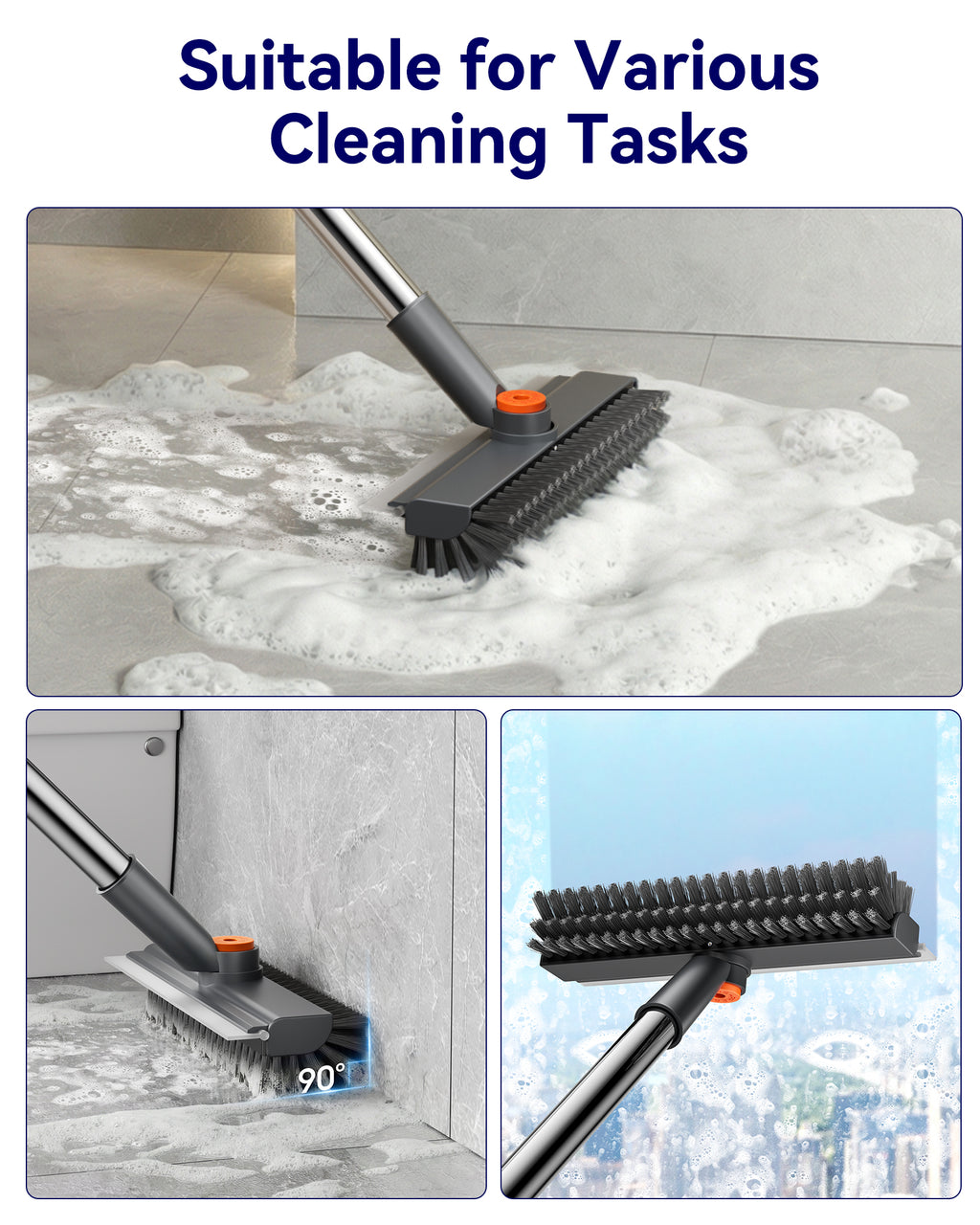 HelpX Small Floor Scrub Brush with Length Adjustable Long Handle, 3 in 1 Heavy-Duty Stiff Bristle Scrubber Brush with Squeegee and Tweezer Push Broom for Cleaning Bathroom, Patio, Garage and Kitchen