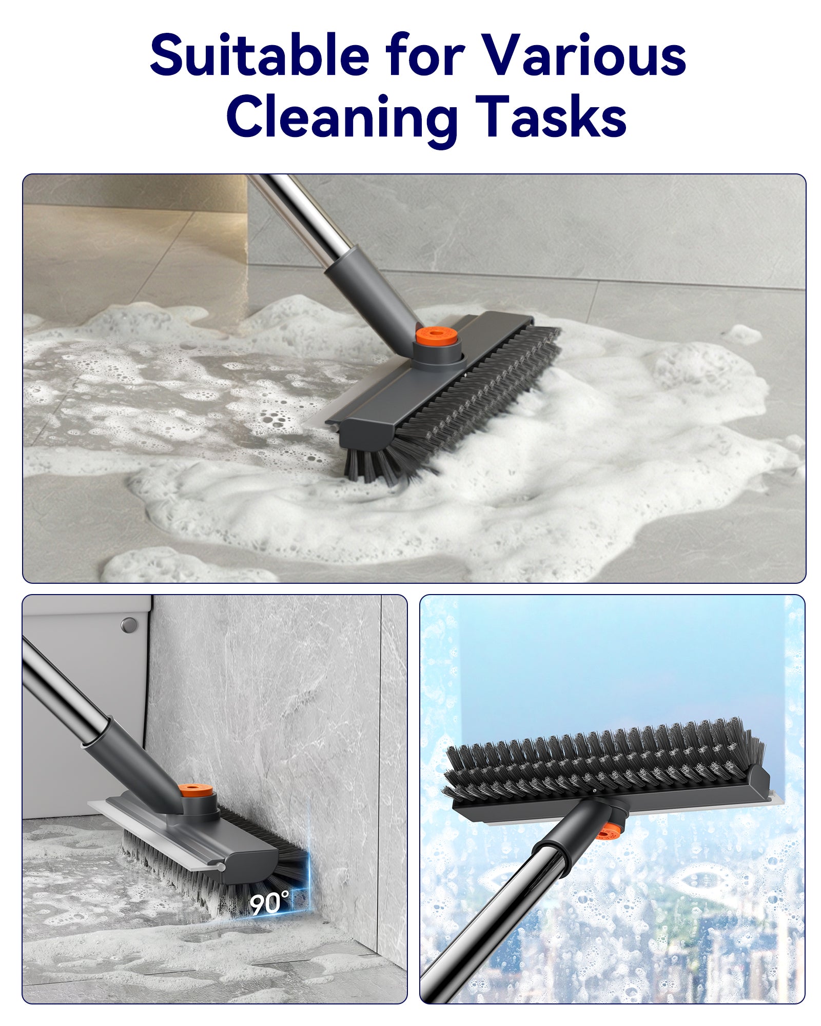 HelpX Small Floor Scrub Brush with Length Adjustable Long Handle, 3 in 1 Heavy-Duty Stiff Bristle Scrubber Brush with Squeegee and Tweezer Push Broom for Cleaning Bathroom, Patio, Garage and Kitchen
