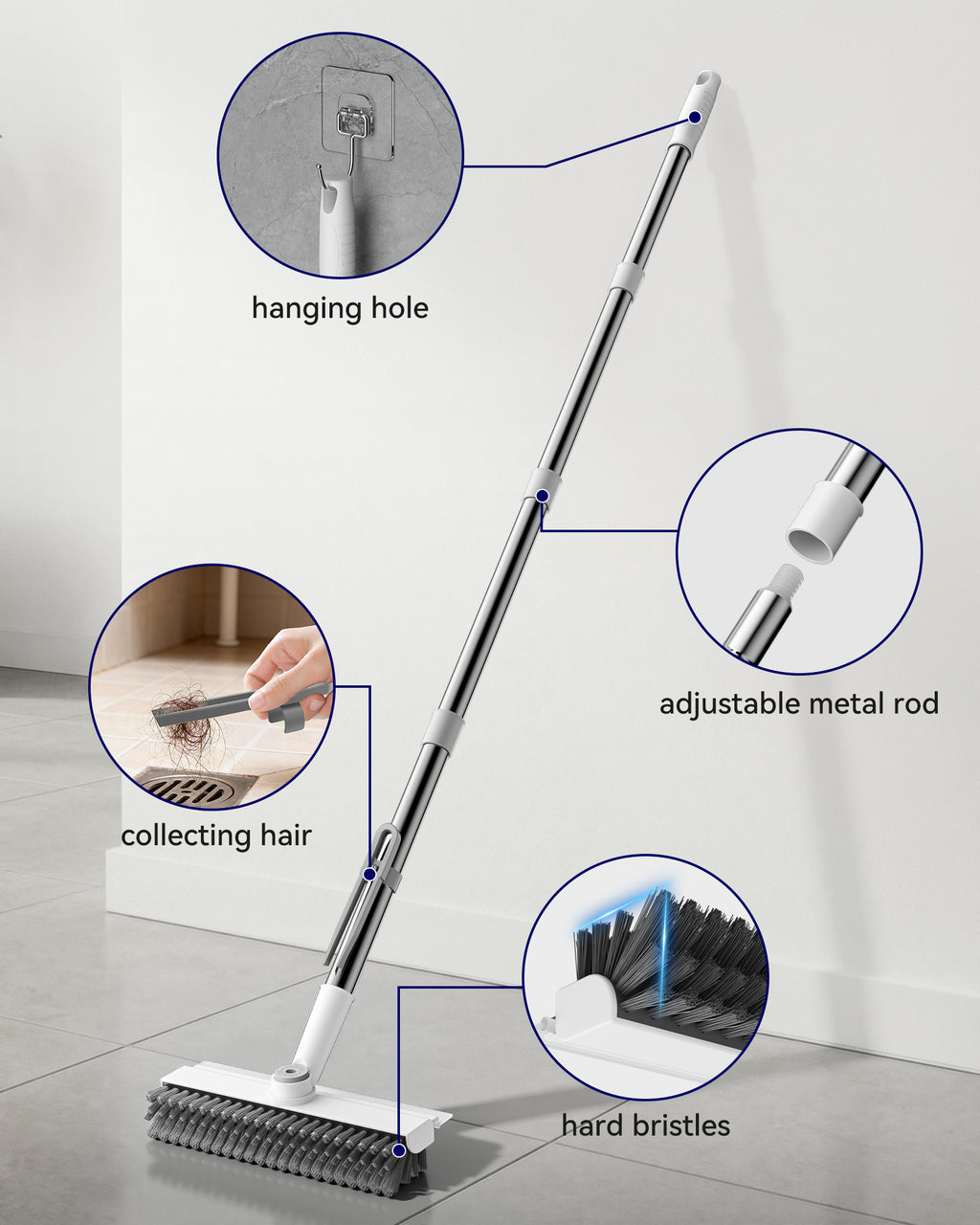 HelpX Small Floor Scrub Brush with Length Adjustable Long Handle, 3 in 1 Heavy-Duty Stiff Bristle Scrubber Brush with Squeegee and Tweezer Push Broom for Cleaning Bathroom, Patio, Garage and Kitchen