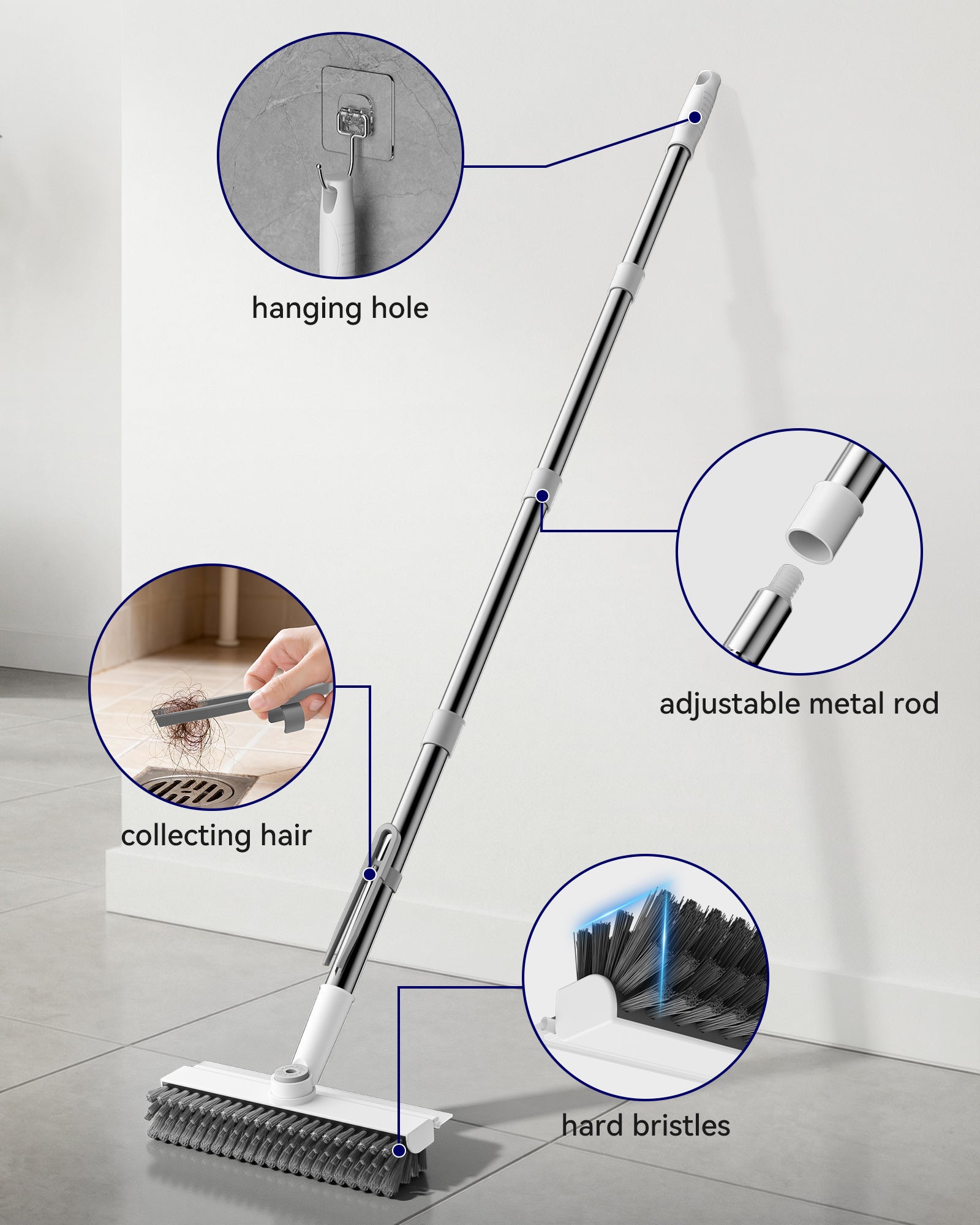 HelpX Small Floor Scrub Brush with Length Adjustable Long Handle, 3 in 1 Heavy-Duty Stiff Bristle Scrubber Brush with Squeegee and Tweezer Push Broom for Cleaning Bathroom, Patio, Garage and Kitchen