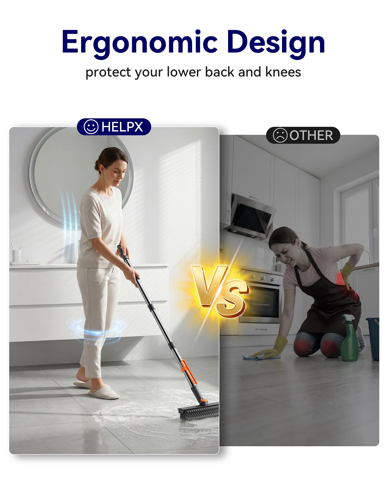 HelpX Small Floor Scrub Brush with Length Adjustable Long Handle, 3 in 1 Heavy-Duty Stiff Bristle Scrubber Brush with Squeegee and Tweezer Push Broom for Cleaning Bathroom, Patio, Garage and Kitchen