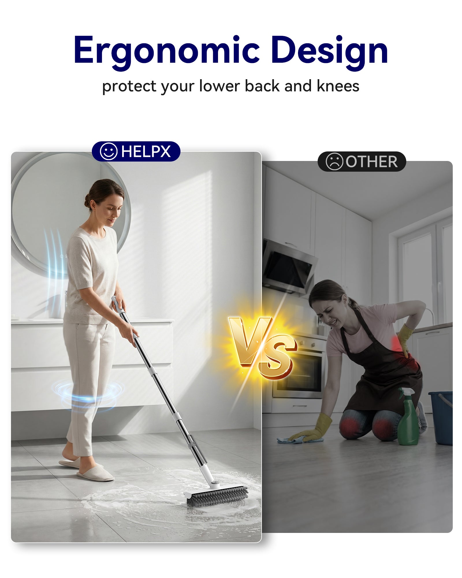 HelpX Small Floor Scrub Brush with Length Adjustable Long Handle, 3 in 1 Heavy-Duty Stiff Bristle Scrubber Brush with Squeegee and Tweezer Push Broom for Cleaning Bathroom, Patio, Garage and Kitchen