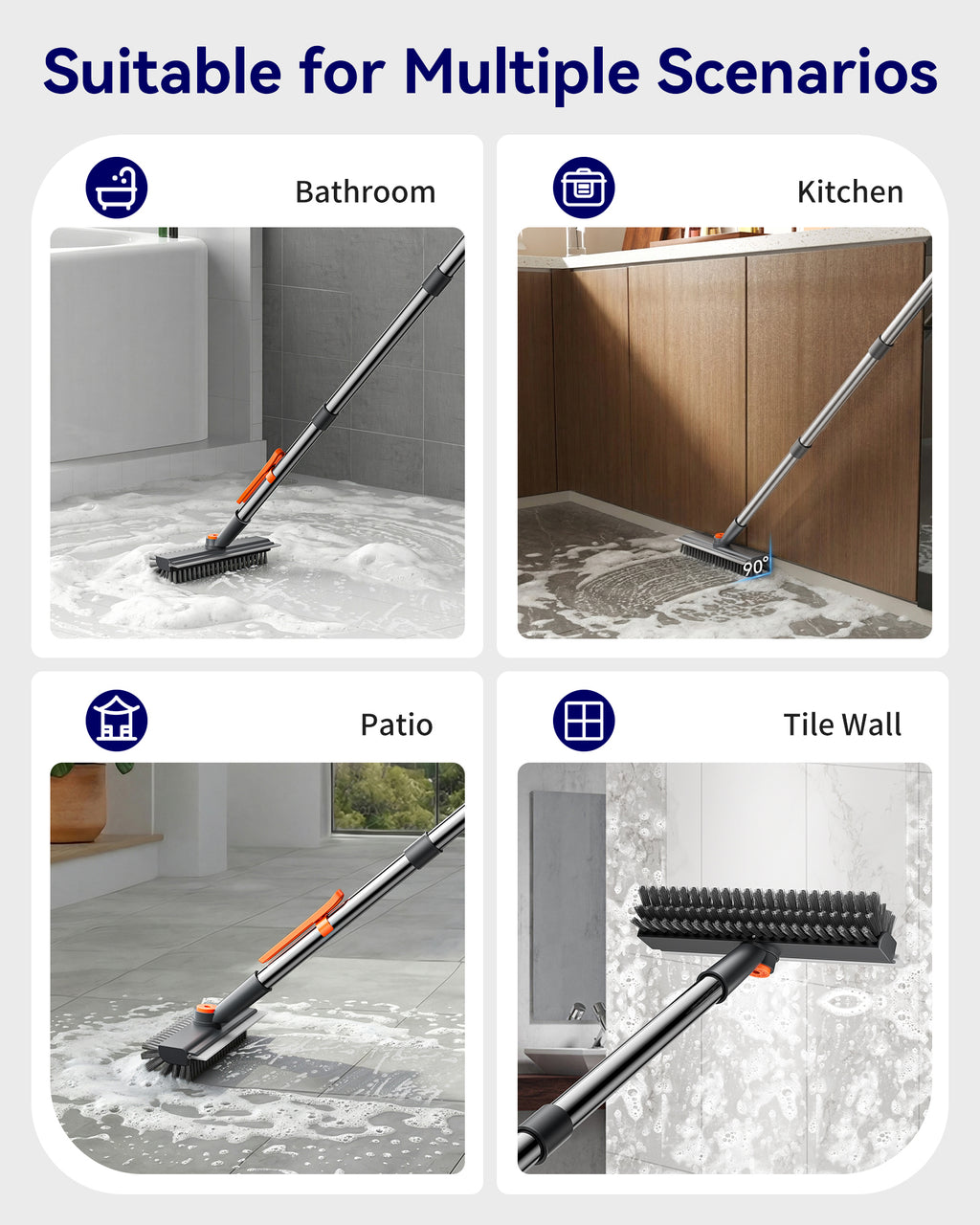 HelpX Small Floor Scrub Brush with Length Adjustable Long Handle, 3 in 1 Heavy-Duty Stiff Bristle Scrubber Brush with Squeegee and Tweezer Push Broom for Cleaning Bathroom, Patio, Garage and Kitchen
