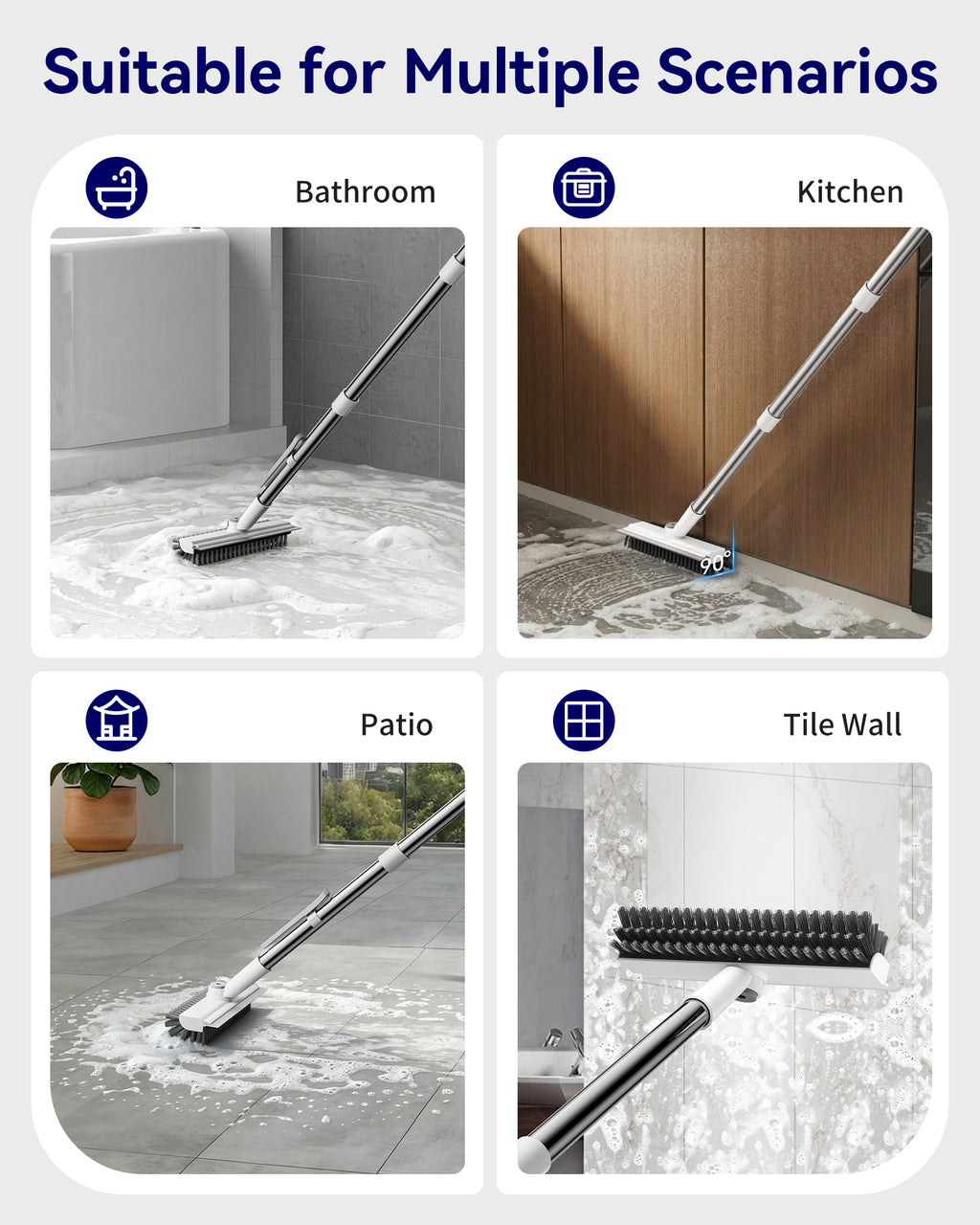 HelpX Small Floor Scrub Brush with Length Adjustable Long Handle, 3 in 1 Heavy-Duty Stiff Bristle Scrubber Brush with Squeegee and Tweezer Push Broom for Cleaning Bathroom, Patio, Garage and Kitchen